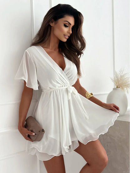 Women’s Summer V-Neck Cross-Strap Mini Dress – Ruffled Chiffon Party Dress