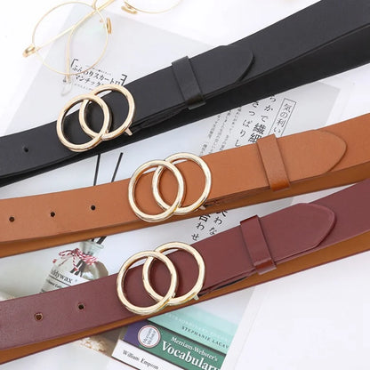Women’s Double Ring PU Belt – Round Metal Buckle