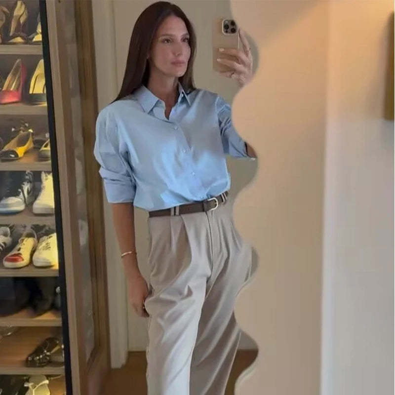 TRAF 2025 Woman Blouses Long Stripe Shirts Women Spring Summer Long Sleeve Blue White Shirt Woman Large Tops Button Up Shirts