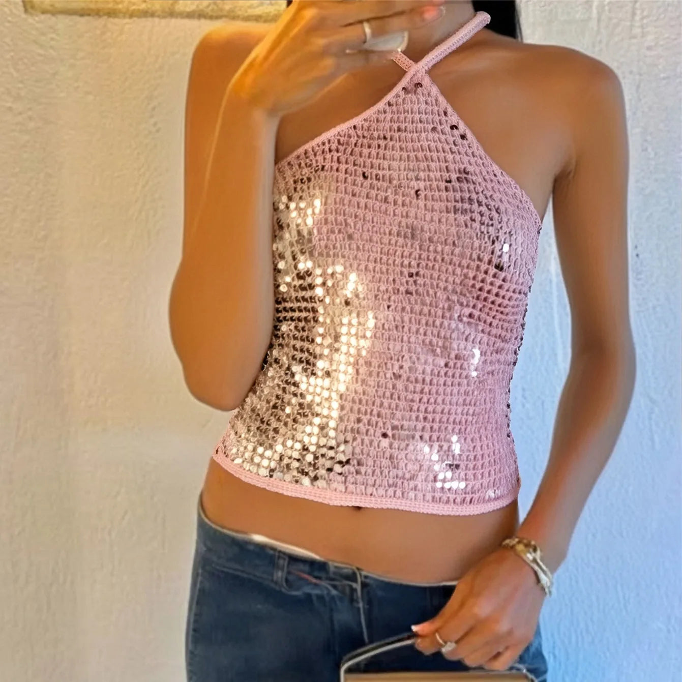 Sequin Embellished Crochet Crop Tops Women Summer Beach Knitted Smocked Camis Sparkly Glitter Backless Cover-up Crop Tops Vest