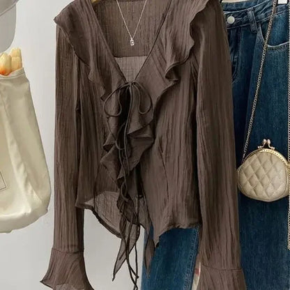 Blouses for Women Chemise Femme Women's Ruffled Flared Shirts Blusas Femininas Elegantes Tops Vintage Spring Shirt Thin Coat