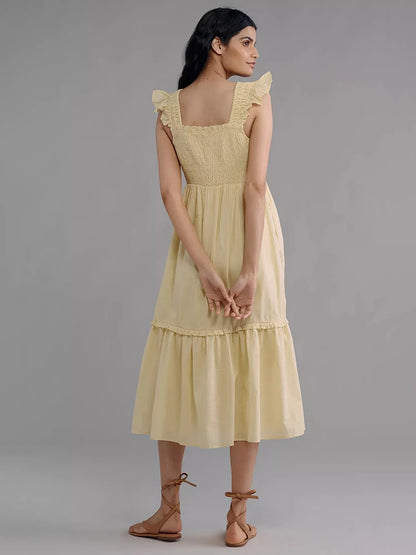 Women’s Yellow Off-Shoulder Tiered Dress – Summer Beach & Picnic Dress