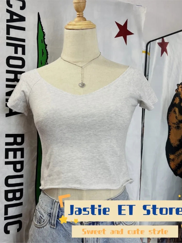 28 Graphic Print T-Shirts Woman Summer Slash Neck Short Sleeve Cotton Tees American Vintage Streetwear Raw Hem Crop Top T-shirts