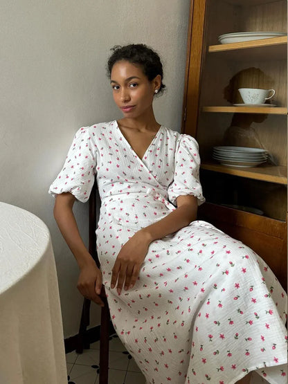 Women’s Floral Cotton Dress – V-Neck Short Sleeve Tunic for Summer