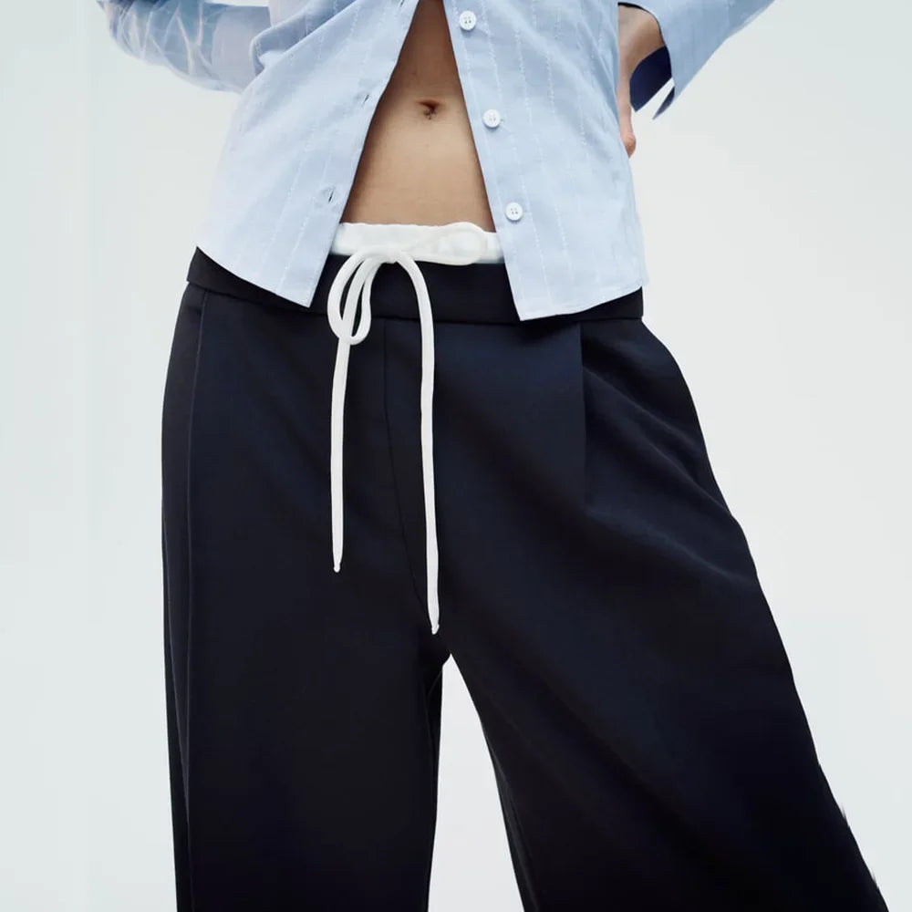 Women’s Wide-Leg Pants – Double Waistband, High Elastic, Drawstring & Side Pockets