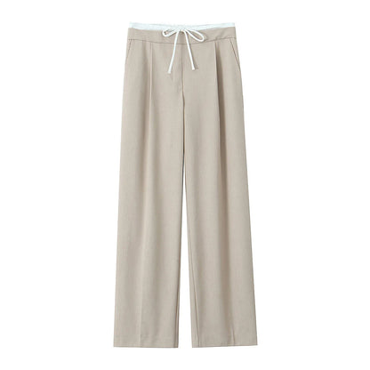 Women’s Wide-Leg Pants – Double Waistband, High Elastic, Drawstring & Side Pockets
