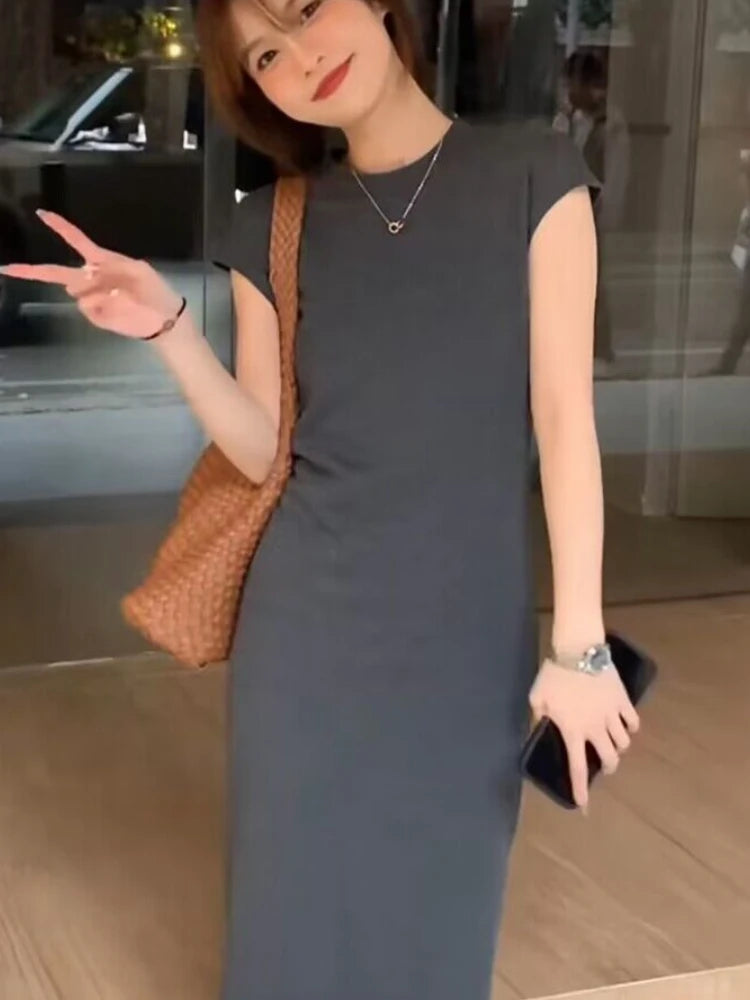Women’s Simple Casual Dress – Elegant Slim Summer Streetwear, Korean Vintage Style