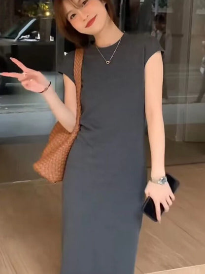 Women’s Simple Casual Dress – Elegant Slim Summer Streetwear, Korean Vintage Style
