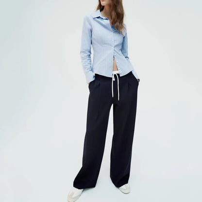 Women’s Wide-Leg Pants – Double Waistband, High Elastic, Drawstring & Side Pockets