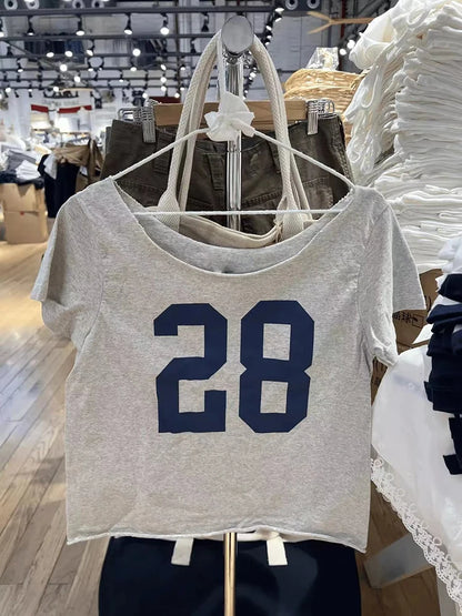 28 Graphic Print T-Shirts Woman Summer Slash Neck Short Sleeve Cotton Tees American Vintage Streetwear Raw Hem Crop Top T-shirts