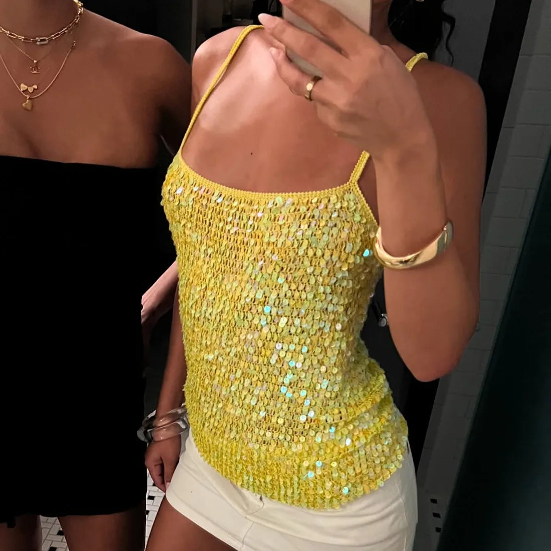 Sequin Embellished Crochet Crop Tops Women Summer Beach Knitted Smocked Camis Sparkly Glitter Backless Cover-up Crop Tops Vest