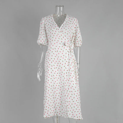 Women’s Floral Cotton Dress – V-Neck Short Sleeve Tunic for Summer
