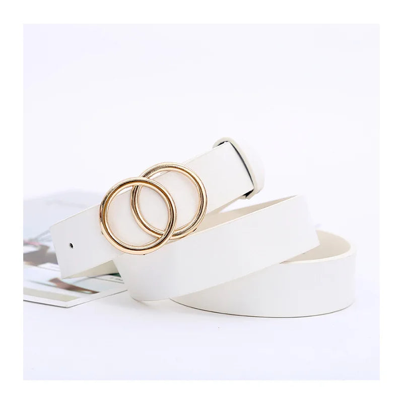 Women’s Double Ring PU Belt – Round Metal Buckle
