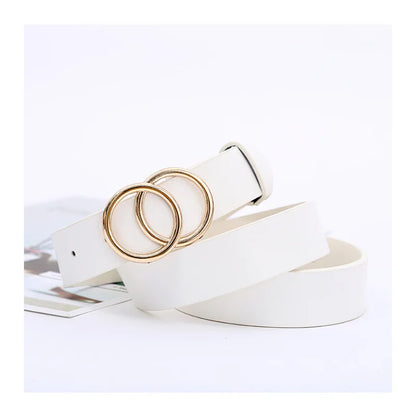 Women’s Double Ring PU Belt – Round Metal Buckle