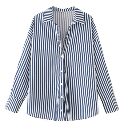 TRAF 2025 Woman Blouses Long Stripe Shirts Women Spring Summer Long Sleeve Blue White Shirt Woman Large Tops Button Up Shirts