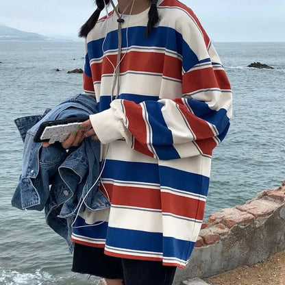 Women T shirts Summer Woman clothing Striped Top Sweatshirt 2023 korean fashion Long Sleeves Tee Patchwork Loose Couple T-shirts