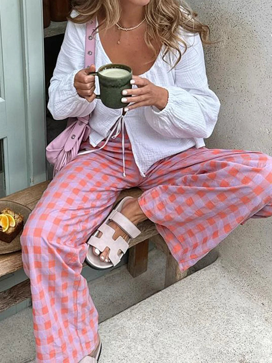 Women’s Pink Plaid Slim Straight Pants – Chic Zipper Fly Trousers
