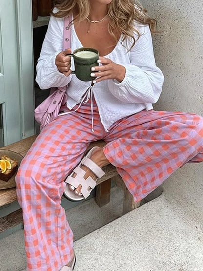 Women’s Pink Plaid Slim Straight Pants – Chic Zipper Fly Trousers