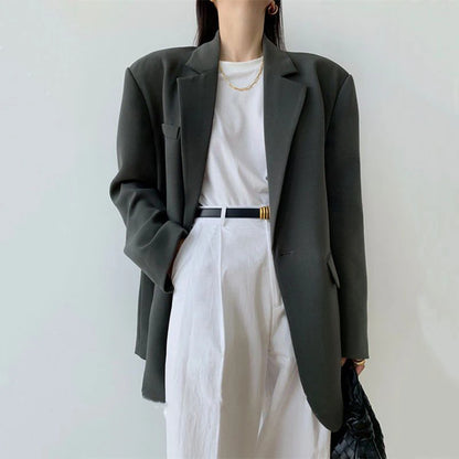 Women’s Black Single-Button Blazer – Loose Fit Office & Streetwear.