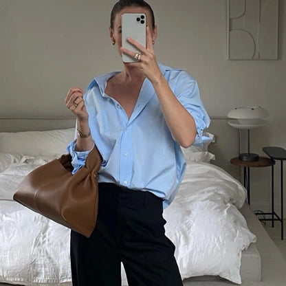 TRAF 2025 Woman Blouses Long Stripe Shirts Women Spring Summer Long Sleeve Blue White Shirt Woman Large Tops Button Up Shirts