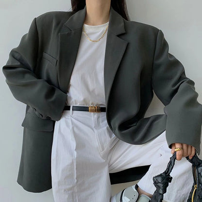 Women’s Black Single-Button Blazer – Loose Fit Office & Streetwear.