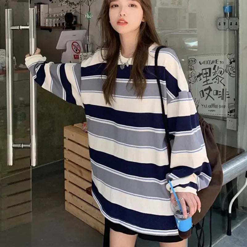 Women T shirts Summer Woman clothing Striped Top Sweatshirt 2023 korean fashion Long Sleeves Tee Patchwork Loose Couple T-shirts