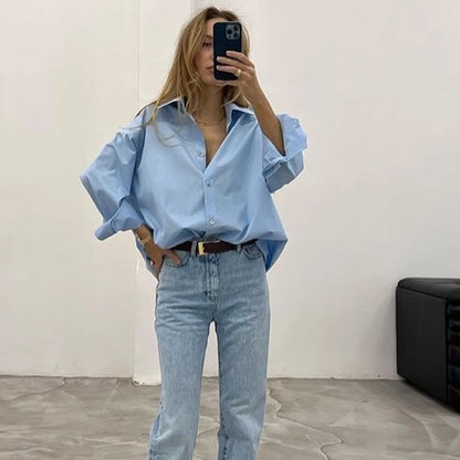TRAF 2025 Woman Blouses Long Stripe Shirts Women Spring Summer Long Sleeve Blue White Shirt Woman Large Tops Button Up Shirts
