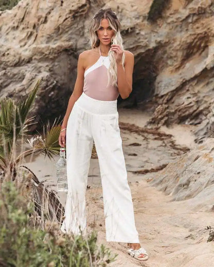 Women’s Mid-Waist Drawstring Wide-Leg Pants – Casual Spring & Summer