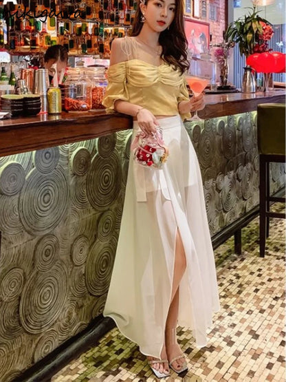 Women’s White High-Waist Chiffon Skirt