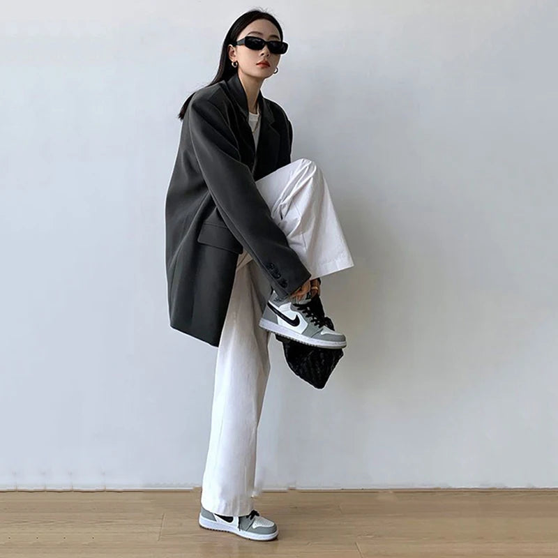 Women’s Black Single-Button Blazer – Loose Fit Office & Streetwear.