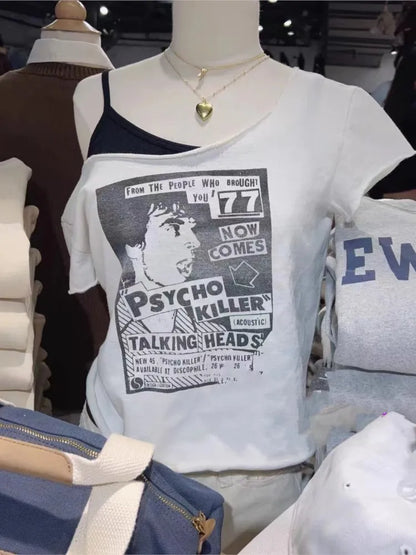 28 Graphic Print T-Shirts Woman Summer Slash Neck Short Sleeve Cotton Tees American Vintage Streetwear Raw Hem Crop Top T-shirts