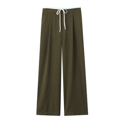 Women’s Wide-Leg Pants – Double Waistband, High Elastic, Drawstring & Side Pockets