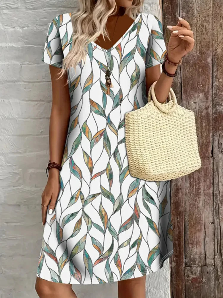 Women’s Summer Printed V-Neck Dress – Short Sleeve Knee-Length Retro Dress