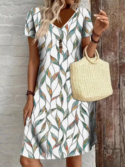 Women’s Summer Printed V-Neck Dress – Short Sleeve Knee-Length Retro Dress