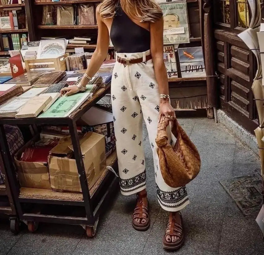New Fashion Printed Bohemian High Waist Wide Leg Pants For Women