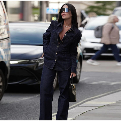 Denim Jacket Jeans 2 piece sets woman Long Sleeve Metal Buttons Sliming Pocket Top Straight Leg Pants Cowgirl Outfits for Women