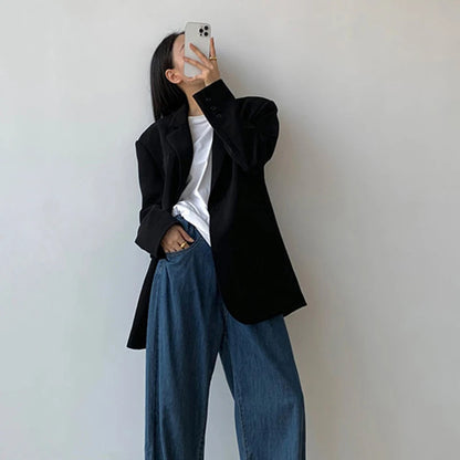 Women’s Black Single-Button Blazer – Loose Fit Office & Streetwear.