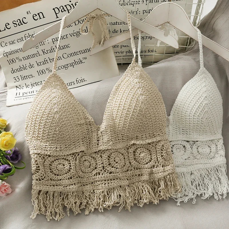 Women Beach Crop Tops Hollow Cover-Ups Perspective Tassel Sexy Spaghetti Strap Swinwear Built In Bra Backlless Halter Neck