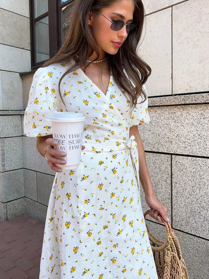 Women’s Floral Cotton Dress – V-Neck Short Sleeve Tunic for Summer