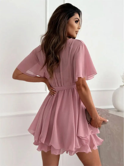Women’s Summer V-Neck Cross-Strap Mini Dress – Ruffled Chiffon Party Dress