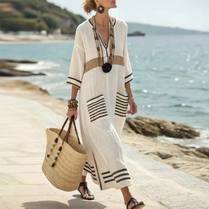 Women’s Retro Striped V-Neck Dress – Loose Boho Summer Beach Dress