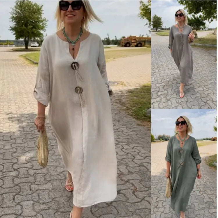 Women’s Casual Linen Maxi Dress – Loose Short Sleeve Elegant Dress