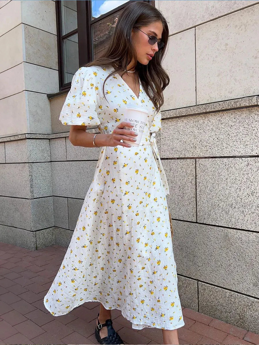 Women’s Floral Cotton Dress – V-Neck Short Sleeve Tunic for Summer