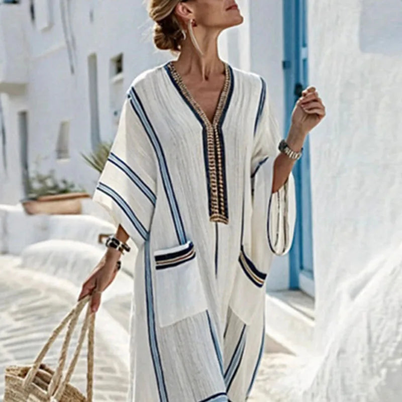 Women’s Retro Striped V-Neck Dress – Loose Boho Summer Beach Dress