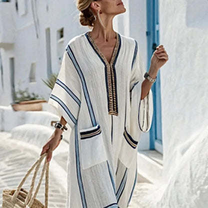 Women’s Retro Striped V-Neck Dress – Loose Boho Summer Beach Dress
