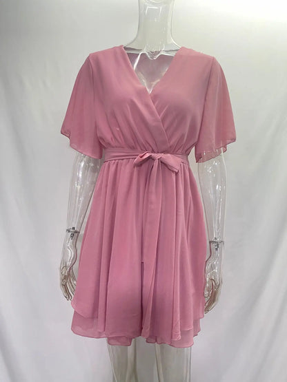 Women’s Summer V-Neck Cross-Strap Mini Dress – Ruffled Chiffon Party Dress