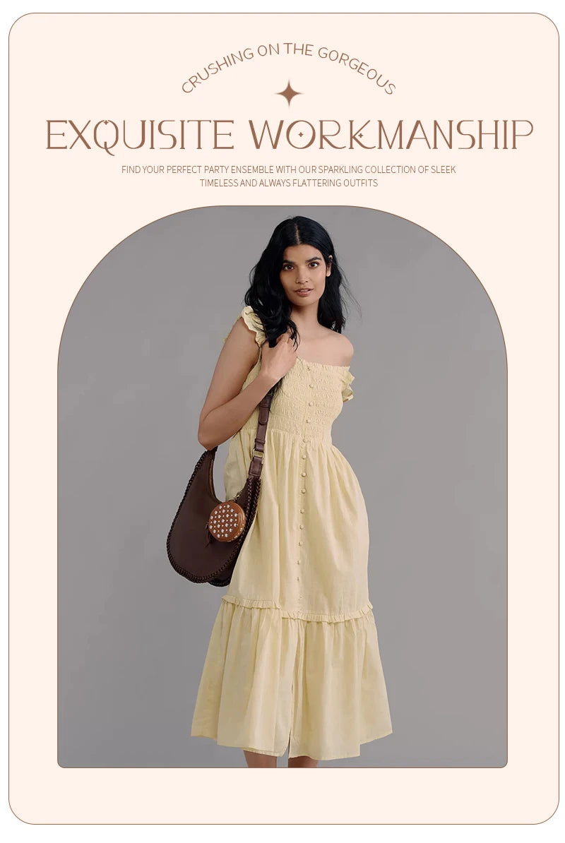 Women’s Yellow Off-Shoulder Tiered Dress – Summer Beach & Picnic Dress