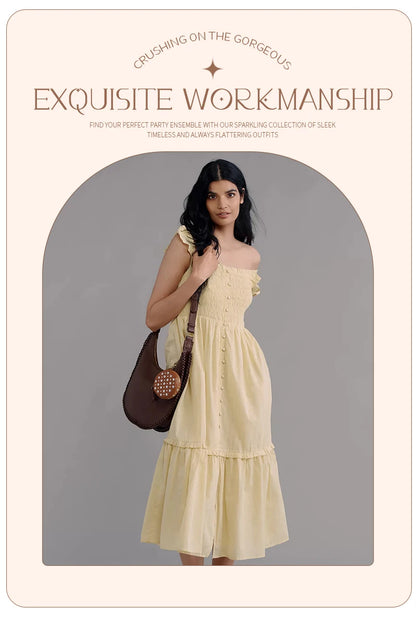 Women’s Yellow Off-Shoulder Tiered Dress – Summer Beach & Picnic Dress