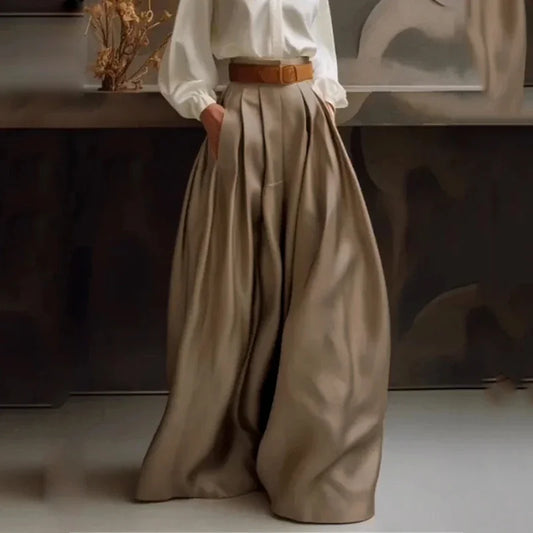 Women’s High-Waist Pleated Wide Pants – Casual Loose Solid Color Trousers