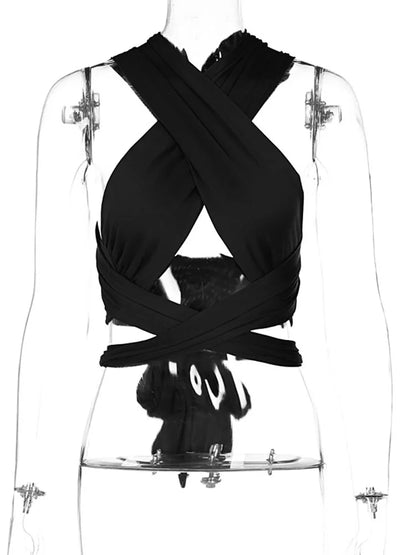 Women Strappy Cross Over Front Cut Out Halter Neck Sleeveless Backless Wrap Crop Top Bandage Vest Summer Sexy Tops Woman Clothes